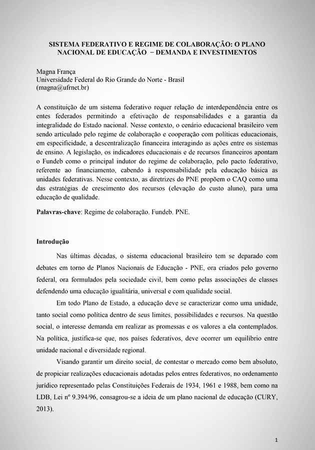 Sistema federativo e regime de colaboração - O plano nacional da educação